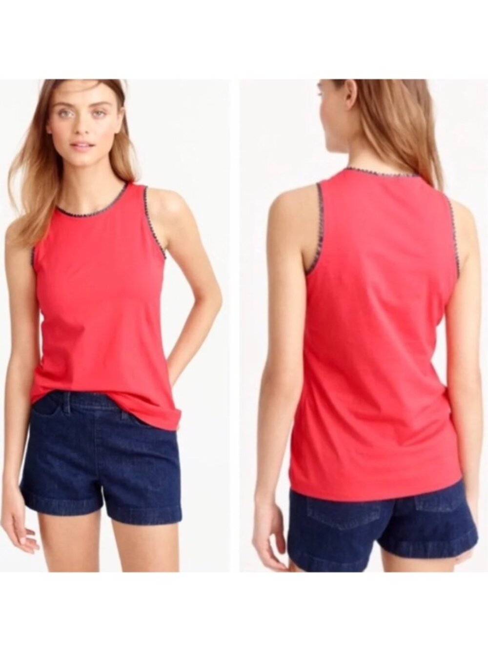 J. Crew Red Tank Top with Black Faux Leather Scalloped Trim Size Medium